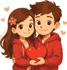 A charming cartoon illustration of a young couple, a boy and a girl, embracing affectionately