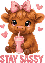 A cute, fluffy highland cow calf with big, sparkling blue eyes, wearing a glittery pink bow on its head.