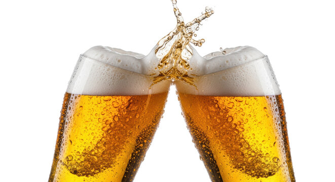 Two pilsner glasses clinking, beer exploding with foam and micro-droplets, condensation, frost, on a brilliant white background, dramatically lit, macro, hyper-photorealistic. Concept for beverage