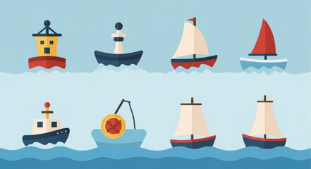 Collection of various nautical vessels and buoys floating on water. © Rifki