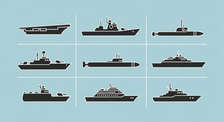 Collection of various naval ships and submarines illustrated. © Rifki