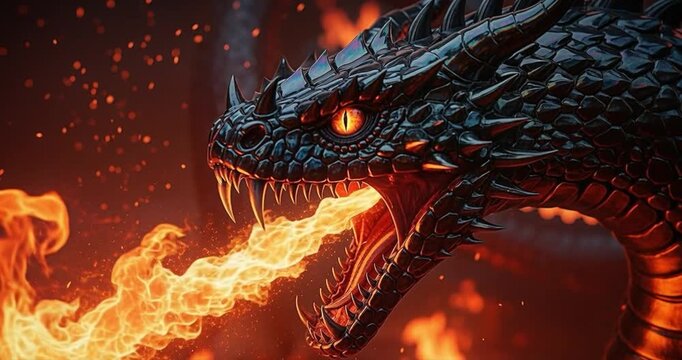 Fiery dragon head spewing flames digital fantasy illustration