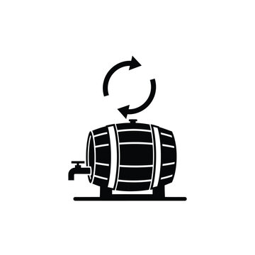 Wooden barrel with tap and refresh arrows icon black vector illustration for beverage industry isolated on white background