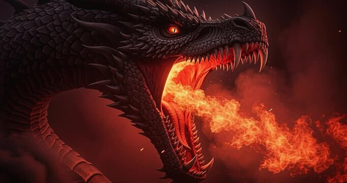 Fiery dragon head spitting flames in dark environment