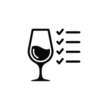 Wine glass with checklist and tick marks, beverage list and tasting notes, alcohol choice and selection icon