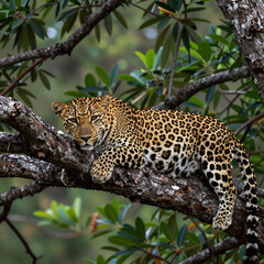 Leopard on tree branch in lush green foliage