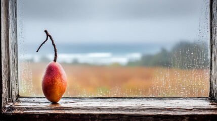 Mango fruit in tropical rain water droplets on skin fresh atmosphere overcast lighting shallow depth of field cinematic agricultural scene, Realistic Photo