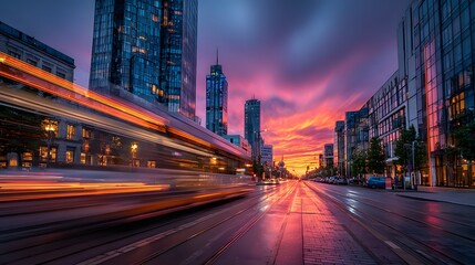 Fototapeta premium Dynamic urban street scene at sunset shows motion-blurred car lights in front of a modern glass office building under a vibrant purple sky.