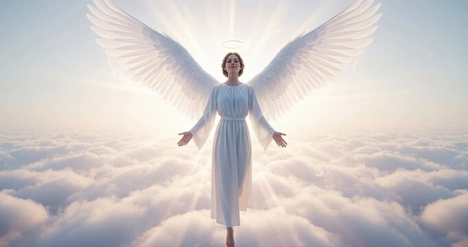 Figure with extended wings in bright sky