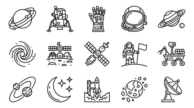 Set of space exploration line icons featuring an astronaut, rocket, planet, satellite, rover, and galaxy for science and technology themes in a minimalist black and white style