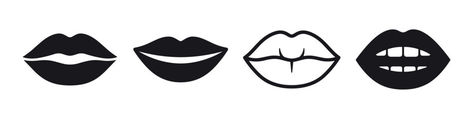 Obraz premium Set of four black lip icons in a minimalist graphic style showing different expressions like a smile, closed mouth, outlined lips, and an open mouth showing teeth