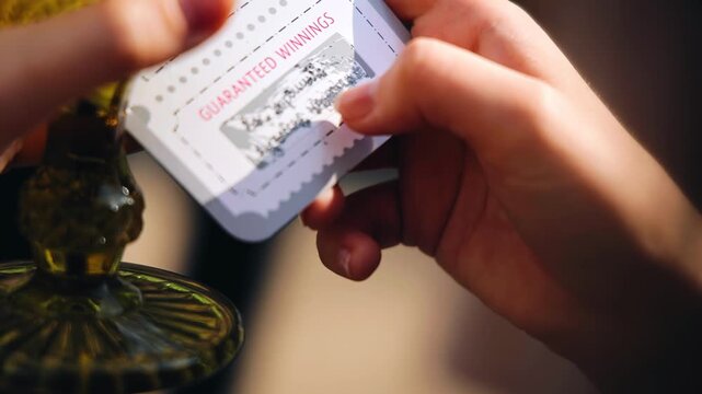 Hands scrape the protective coating off the lottery ticket, revealing the lottery results. Close-up shooting