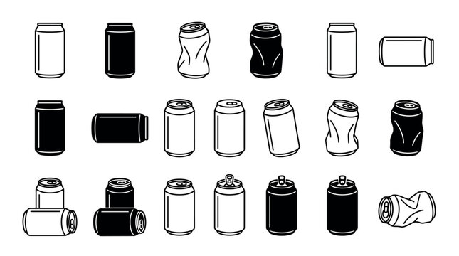 Black and white aluminum beverage can icons showing a collection of new, used, crumpled, and crushed containers for recycling, presented in a minimalist line art and silhouette style