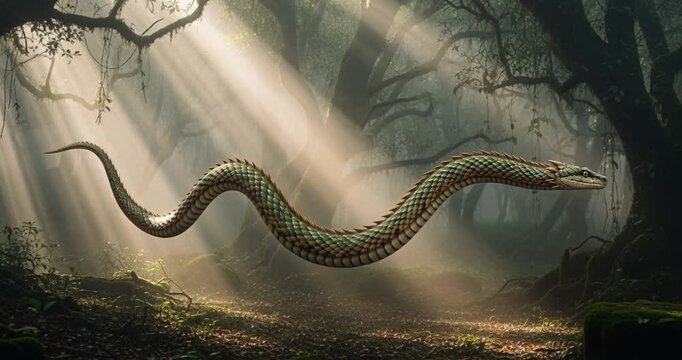 Serpentine creature forest sunlight digital illustration