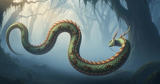 Serpentine creature illustration in forest environment
