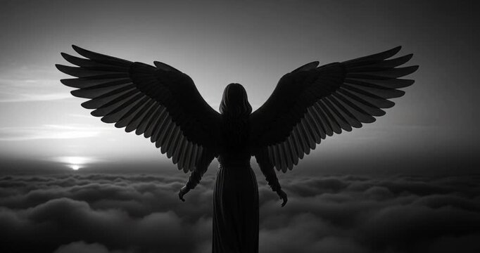 Silhouette angel wings above clouds conceptual sky