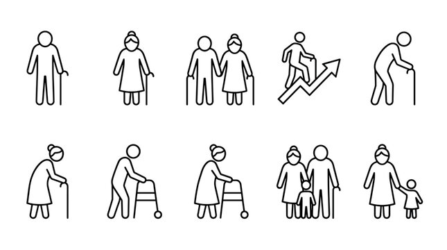 Set of black line icons representing elderly people in various situations like walking with a cane or walker, as a couple, with grandchildren, and showing an aging population concept