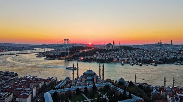 Aerial view of Istanbul at sunset Bosphorus strait and iconic Hagia Sophia mosque cityscape panorama for travel and tourism