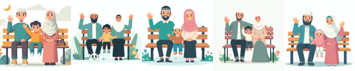 vector of muslim family sitting together on park bench waving hands