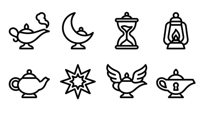 Set of black line art icons depicting magical and fantasy elements, including a genie lamp with smoke, an hourglass, a lantern, and a winged lamp in a minimalist style