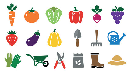 Colorful set of gardening and vegetable icons in a flat design style, featuring fresh produce and various tools like a trowel, watering can, gloves, and wheelbarrow