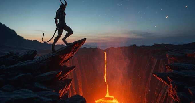 Silhouette figure standing above rift at sunset
