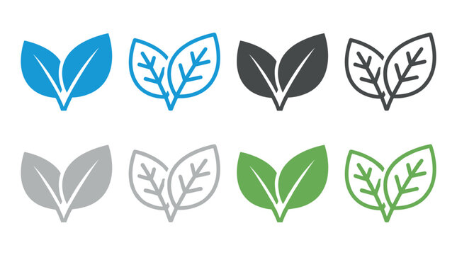 Set of colorful leaf icons in various styles including solid and outline designs for ecology and nature concepts, presented in blue, green, and grey color variations