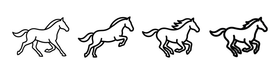 Fototapeta premium Set of four simple horse icons showing the different phases of a running animation cycle, drawn in a minimalist black and white line art style for a clean graphic element
