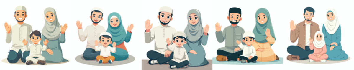 Obraz premium vector of muslim family sitting together on the floor waving hands