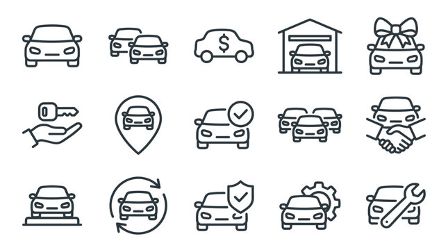 Set of car dealership and automotive service line icons representing vehicle sales, rental, repair, and insurance in a simple, clean vector pictogram collection
