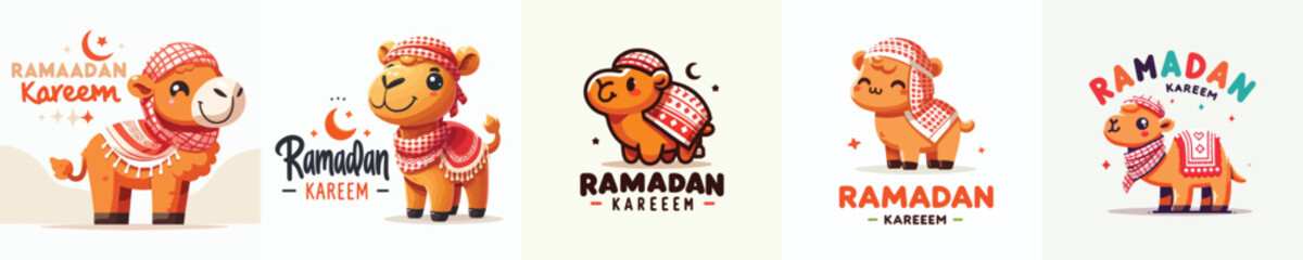 cute camel character vector dressed in Muslim costume with word "Ramadan Kareem"
