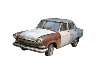Rusty vintage sedan illustration, dilapidated, abandoned, worn, old car, auto repair concept, forgotten vehicle