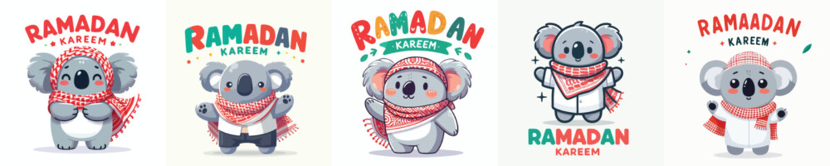 cute camel character vector dressed in Muslim costume with word "Ramadan Kareem"