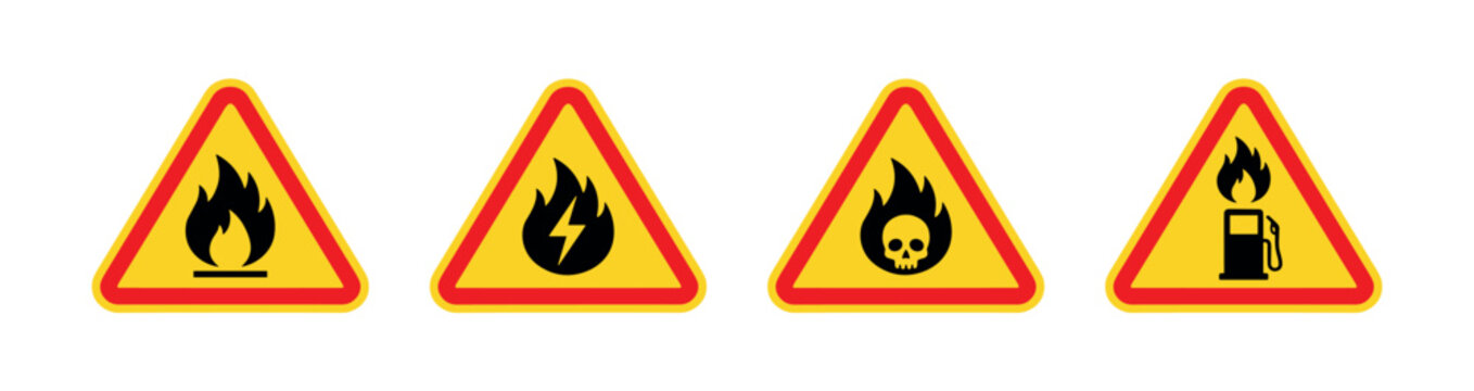 Four yellow triangular warning signs with various fire hazard symbols are displayed in a row, indicating different types of danger and caution