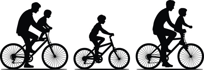 Obraz premium Silhouettes of father and son cycling together and alone on white background bicycle bike