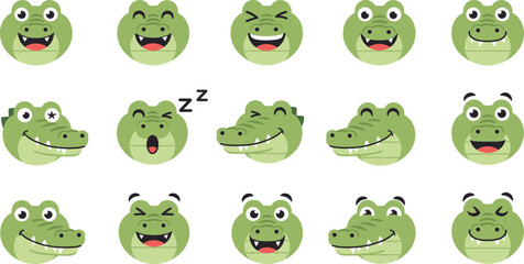 Cute Crocodile Emoji Face Illustration Set with Funny Expressions, Smiling Reptile Emotions, Cartoon Mascot Heads, and Kids Friendly Character Designs