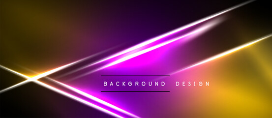 Obraz premium Abstract background features vibrant neon lines, gradients. Purple, gold hues dominate dark space. Modern design element.