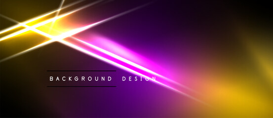 Obraz premium Abstract background features vibrant yellow, purple light streaks. Dark space surrounds glowing lines, creating dynamic visual effect.