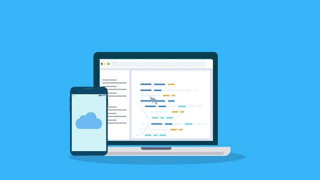 Laptop displaying programming interface with smartphone cloud icon, representing mobile cloud application development and digital technology workflow.
