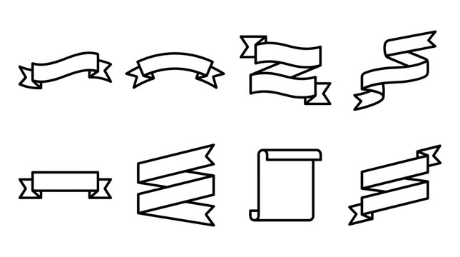 Set of black outline ribbon banners and scroll icons in various shapes and styles, showing a collection of simple, minimalist line art elements for graphic design and decoration