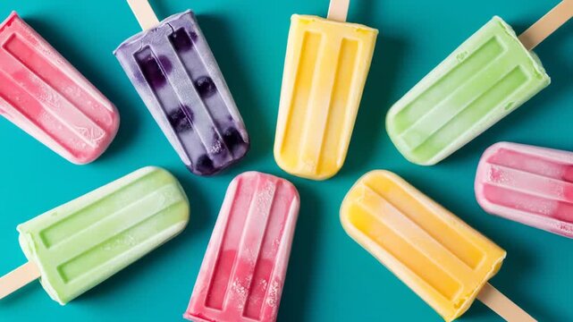 Colorful assortment of fruit popsicles on a vibrant blue background, perfect for summer treats.