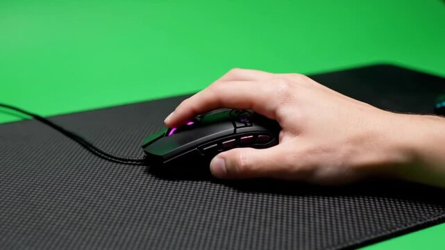 Gamer Clicking RGB Mouse Button on Black Pad - Esports and Digital Technology Concept.