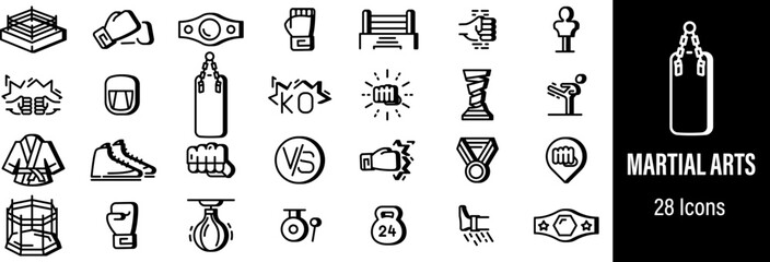 Martial arts and boxing fighting sports black icons © Vector World