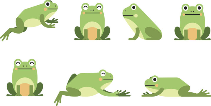 Cute Frog Cartoon Character Illustration Set with Different Poses, Green Amphibian Wildlife, Nature Theme, Kids Friendly Educational, and Playful Flat Design Style