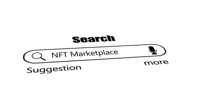 Nft marketplace search bar on white background, minimal black web browser interface with magnifying glass and voice search icon, blockchain and digital art seo concept.