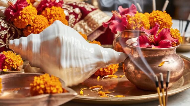 Diwali decoration with traditional elements including conch shell and vibrant marigold flowers. Diwali celebration features ornate pot holding flowers and incense sticks for rituals.
