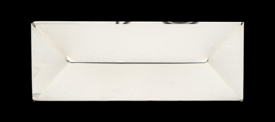 White rectangular carton box bottom view with folded flaps on black background