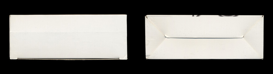 Set of white rectangular carton box top and bottom views on black background