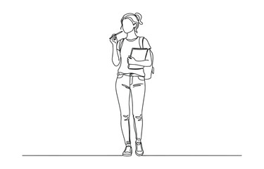 Obraz premium continuous line drawing of portrait of an excited young woman celebrating success student standing.