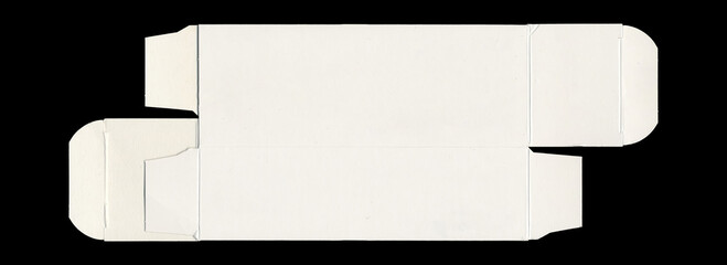 Flattened white carton box with folds and side flaps on black background